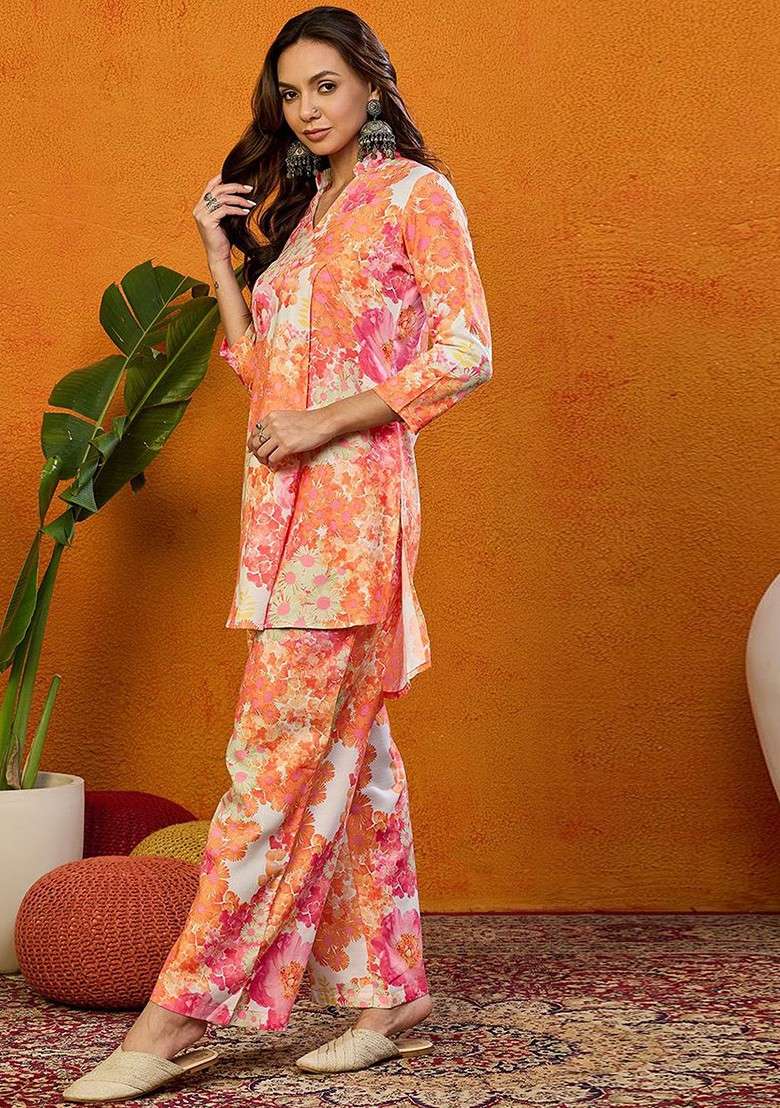 Orange Printed Poly Blend Co Ord Set - Indya