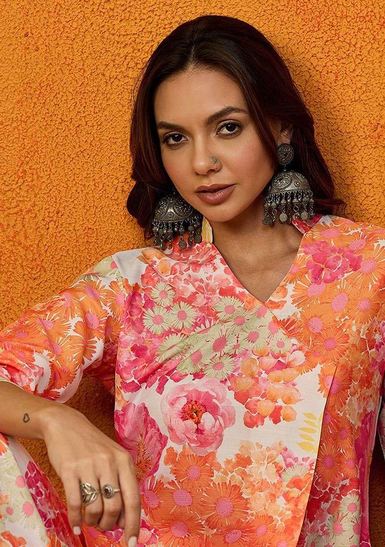 Orange Printed Poly Blend Co Ord Set - Indya