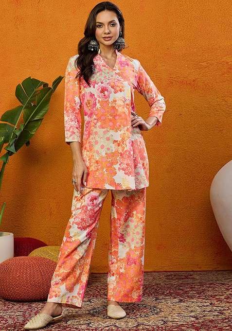 Orange Printed Poly Blend Co Ord Set