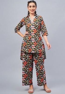 Navy Blue Printed Cotton Co Ord Set