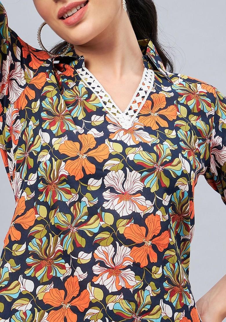 Navy Blue Printed Cotton Co Ord Set - Indya