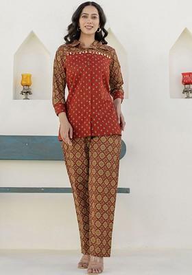 Rust Printed Poly Blend Co Ord Set