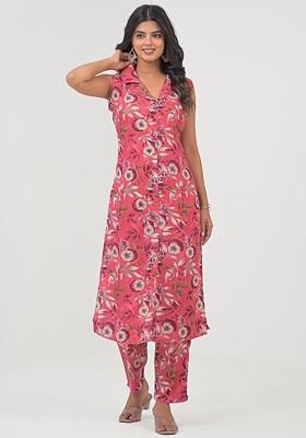 Peach Printed Poly Blend Co Ord Set