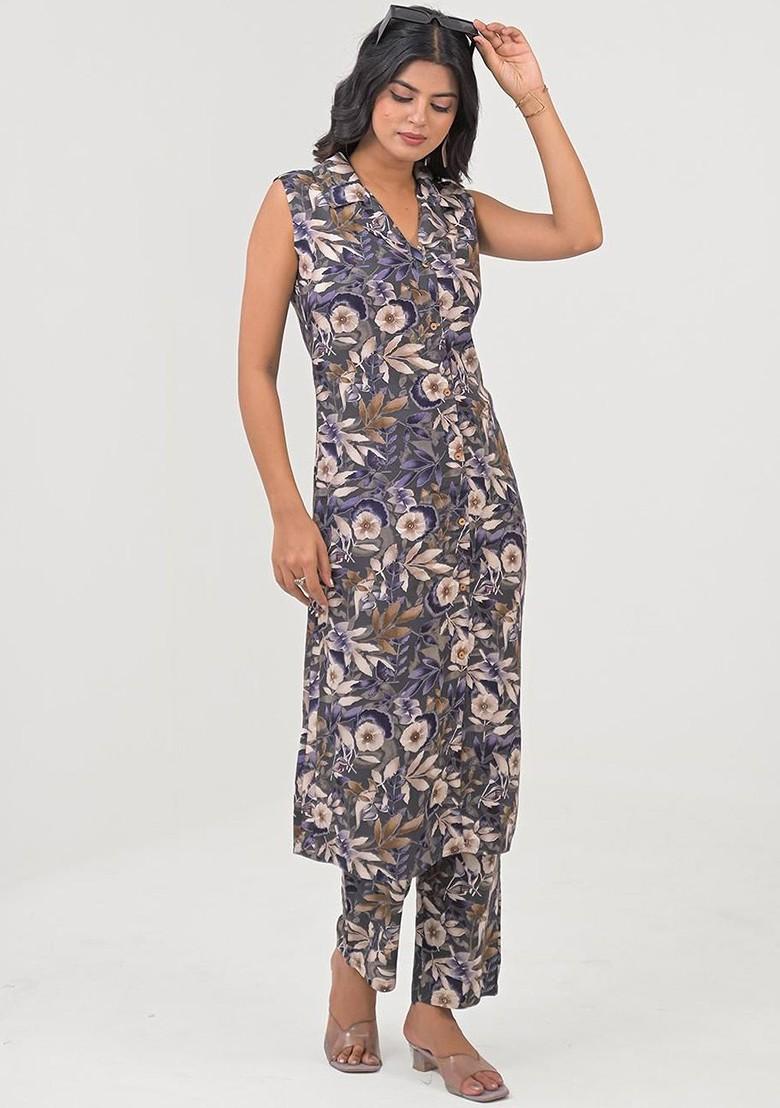 Grey Printed Poly Blend Co Ord Set - Indya