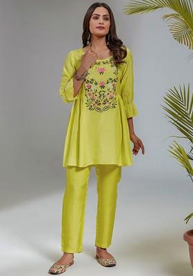 Yellow Printed Poly Blend Co Ord Set