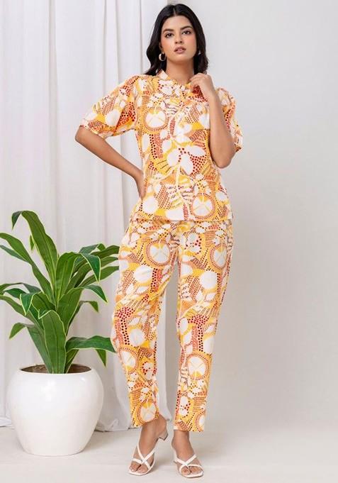 Yellow Printed Poly Blend Co Ord Set