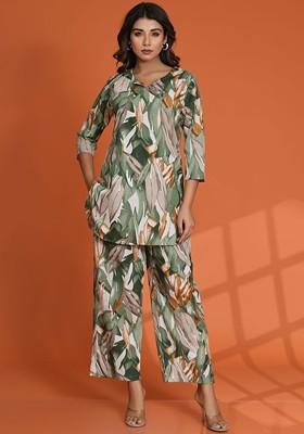 Green Printed Poly Blend Co Ord Set