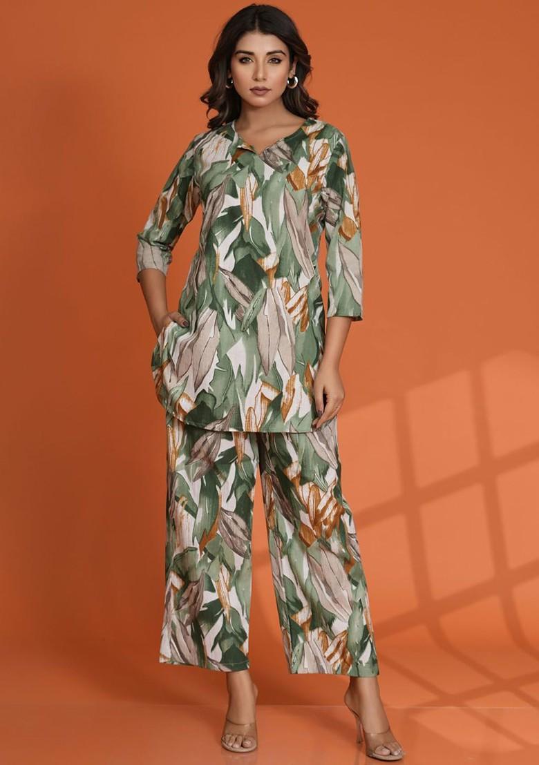 Green Printed Poly Blend Co Ord Set - Indya