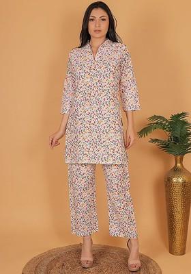 White Printed Poly Blend Co Ord Set