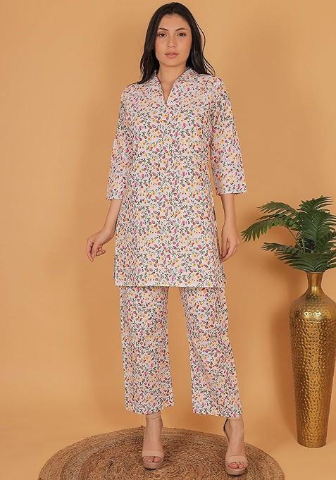 White Printed Poly Blend Co Ord Set