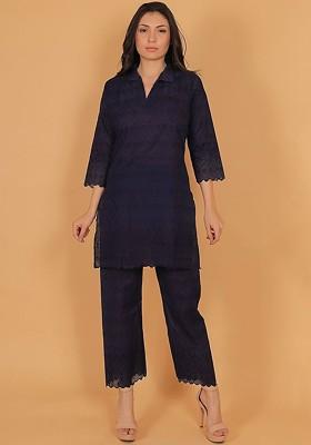 Navy Blue Printed Poly Blend Co Ord Set
