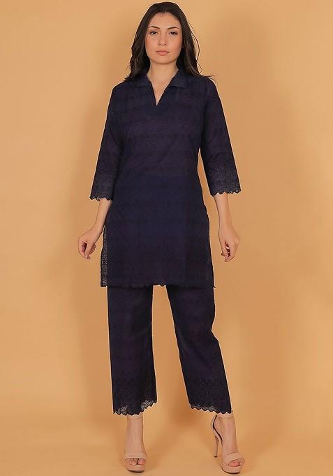 Navy Blue Printed Poly Blend Co Ord Set