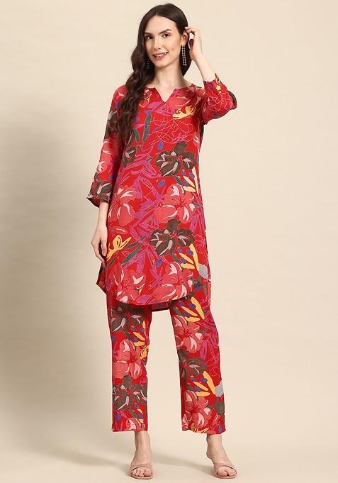Red Printed Poly Blend Co Ord Set