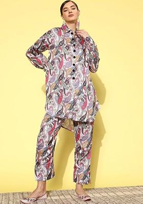 Cream Printed Poly Blend Co Ord Set