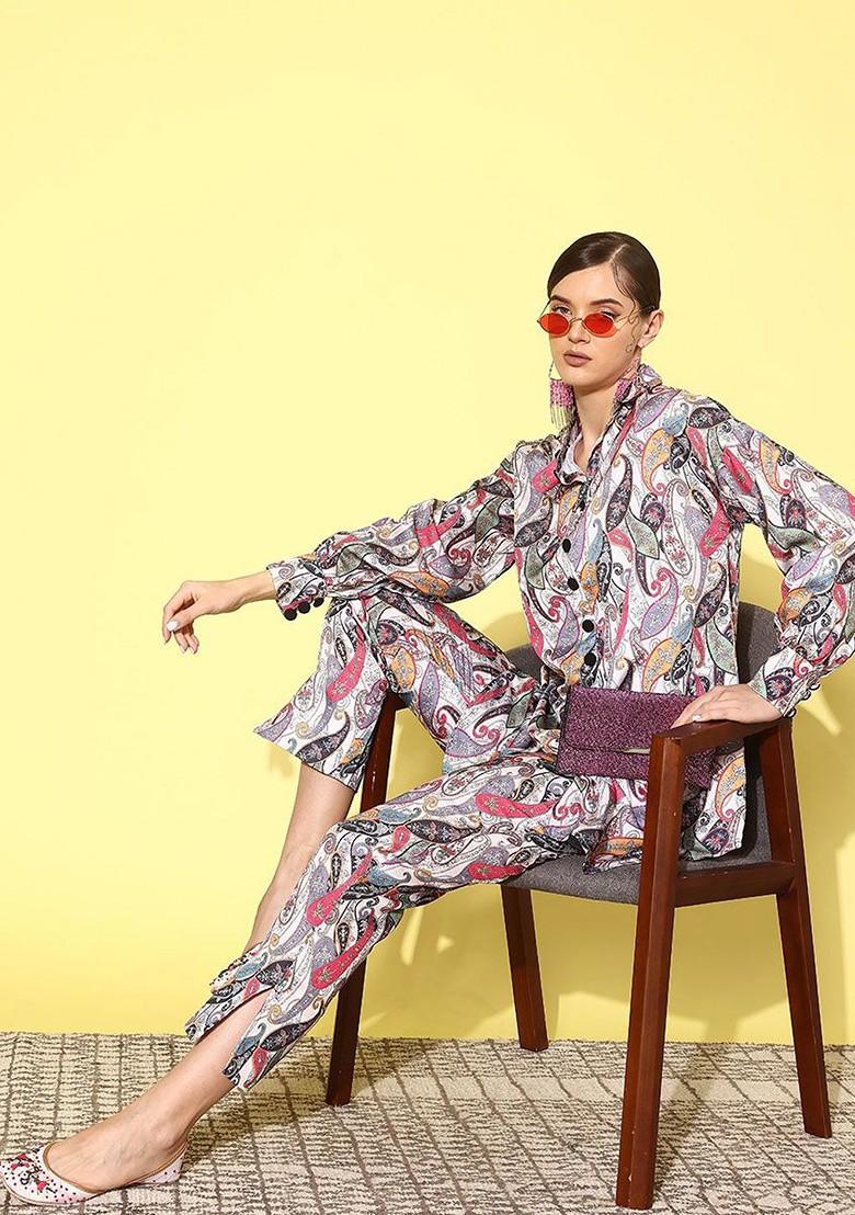 Cream Printed Poly Blend Co Ord Set - Indya