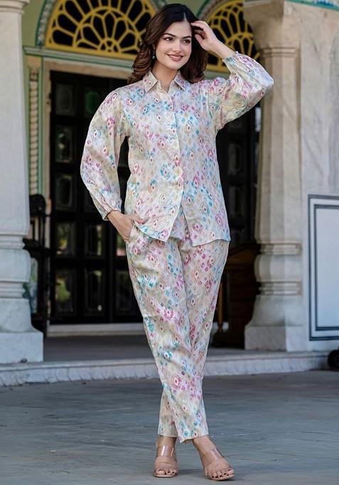 Cream Printed Cotton Co Ord Set