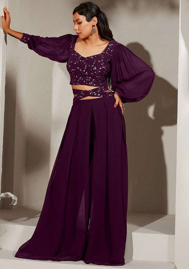 Purple Printed Poly Blend Co Ord Set - Indya