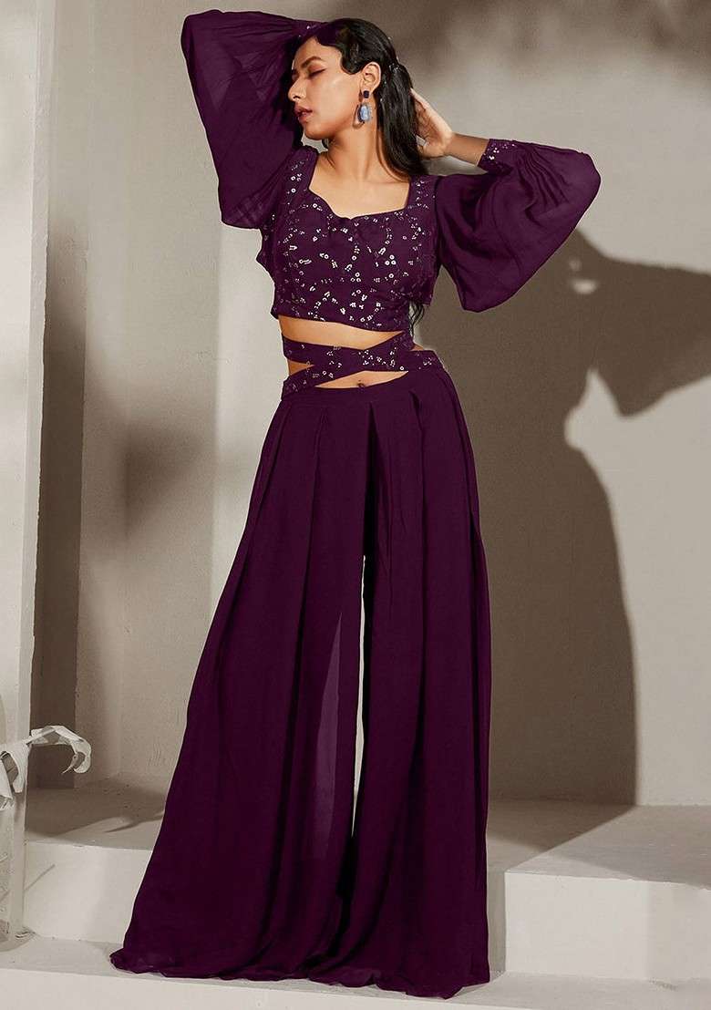 Purple Printed Poly Blend Co Ord Set - Indya