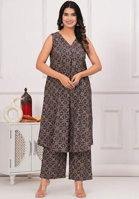 Navy Blue Printed Cotton Co Ord Set