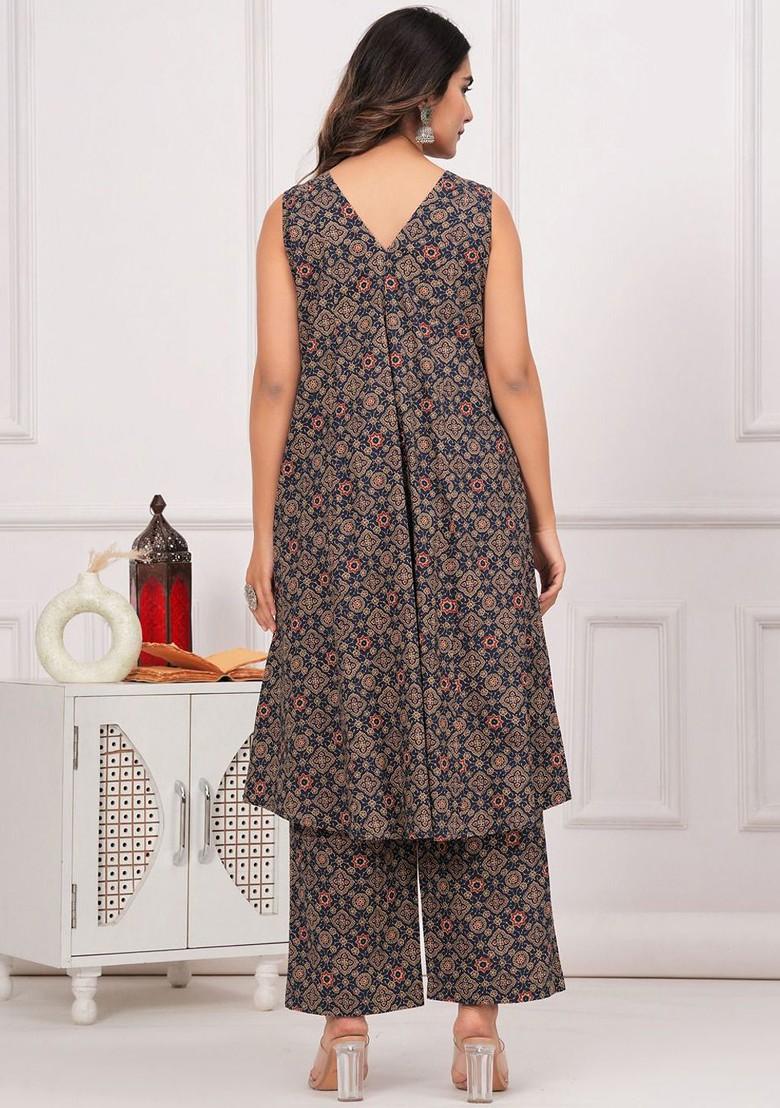 Navy Blue Printed Cotton Co Ord Set - Indya