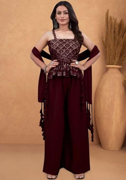 Maroon Printed Poly Blend Co Ord Set