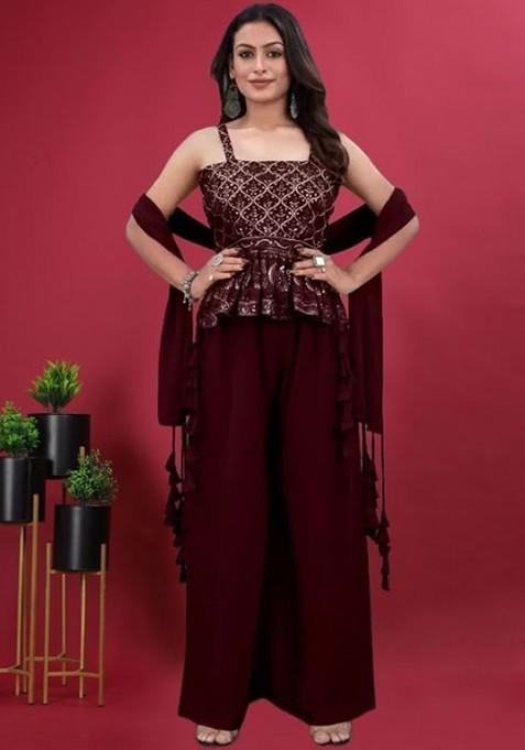 Maroon Printed Poly Blend Co Ord Set