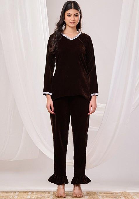 Brown Printed Poly Blend Co Ord Set