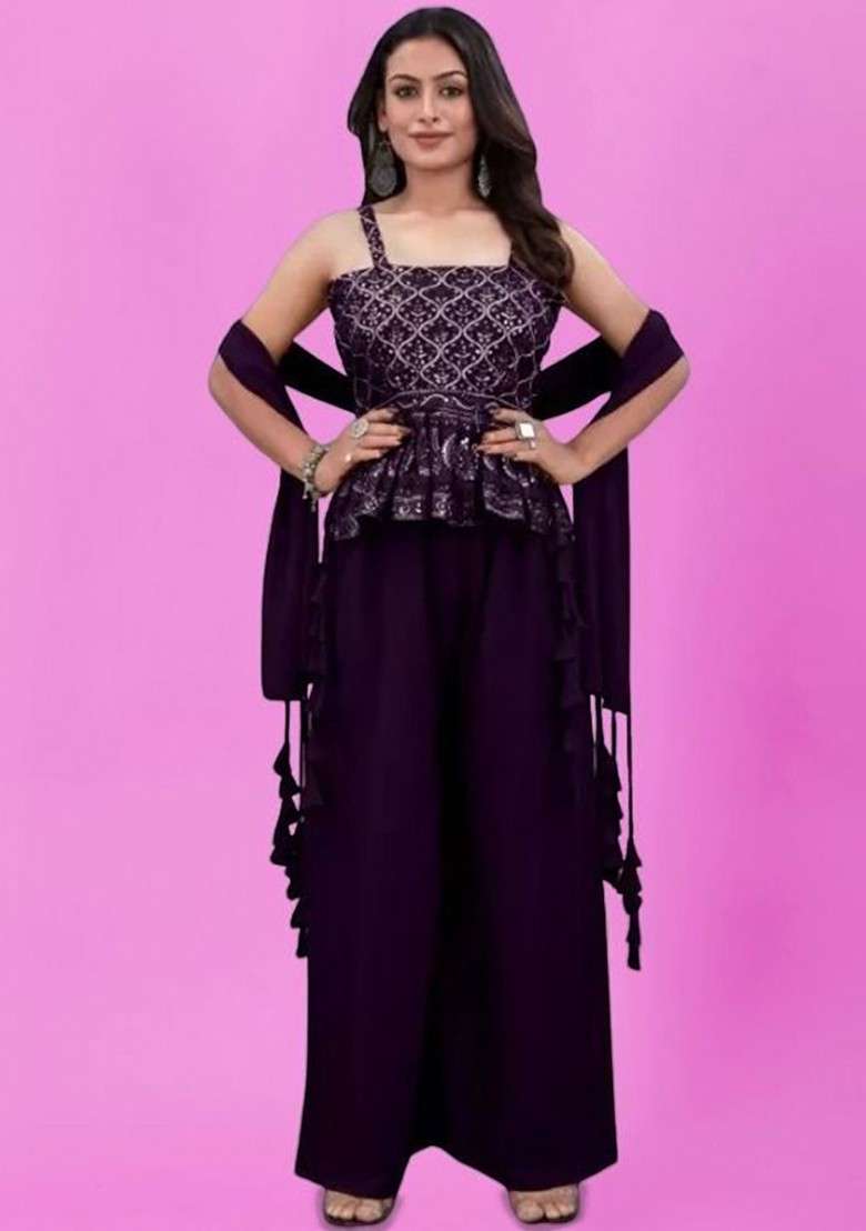 Purple Printed Poly Blend Co Ord Set - Indya