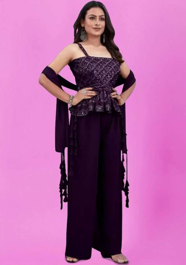 Purple Printed Poly Blend Co Ord Set - Indya