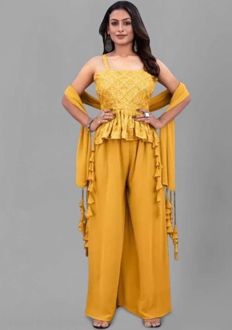 Yellow Printed Poly Blend Co Ord Set - Indya