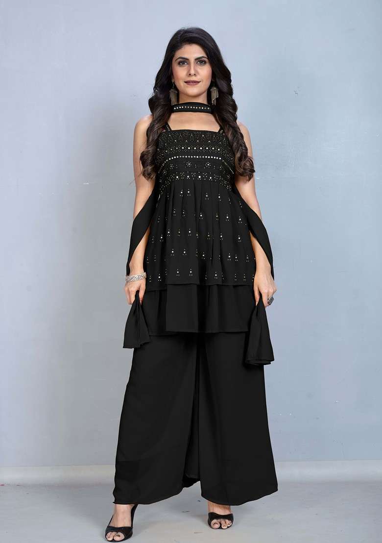 Black Printed Poly Blend Co Ord Set - Indya