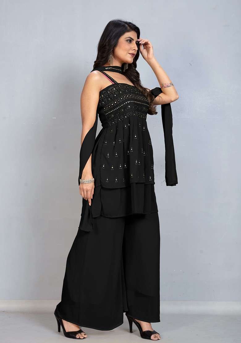 Black Printed Poly Blend Co Ord Set - Indya
