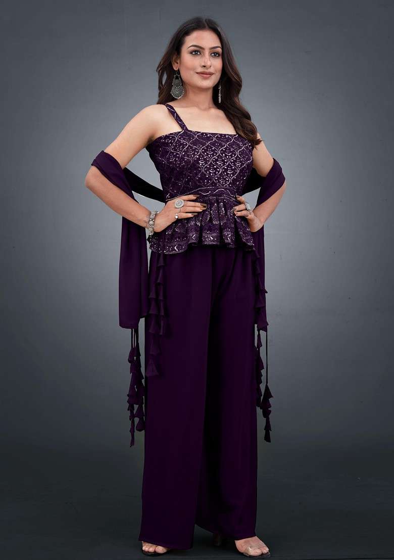 Purple Printed Poly Blend Co Ord Set - Indya