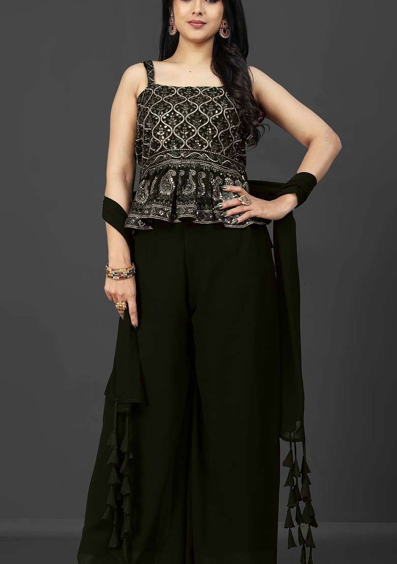 Olive Printed Poly Blend Co Ord Set - Indya