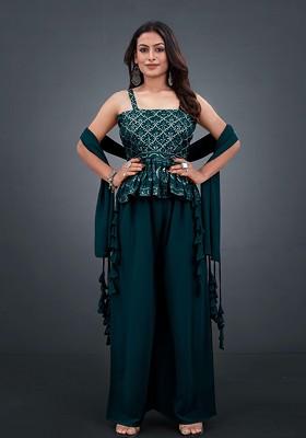 Teal Blue Printed Poly Blend Co Ord Set