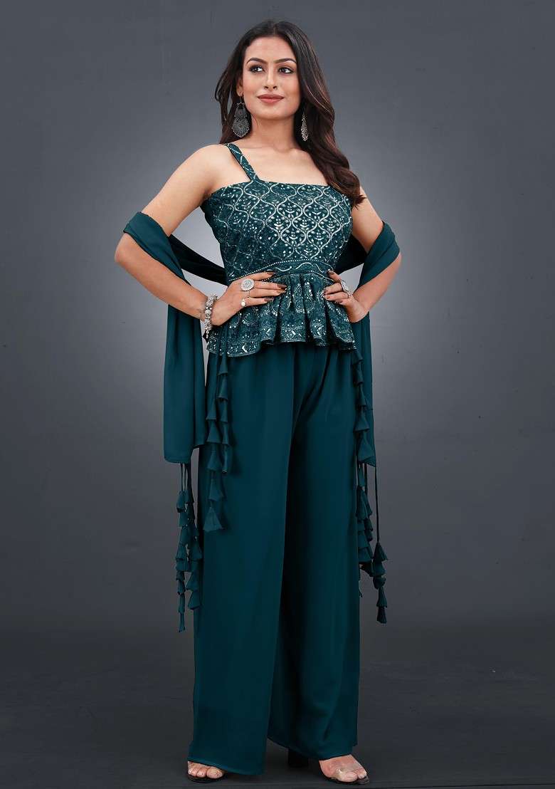 Teal Blue Printed Poly Blend Co Ord Set - Indya
