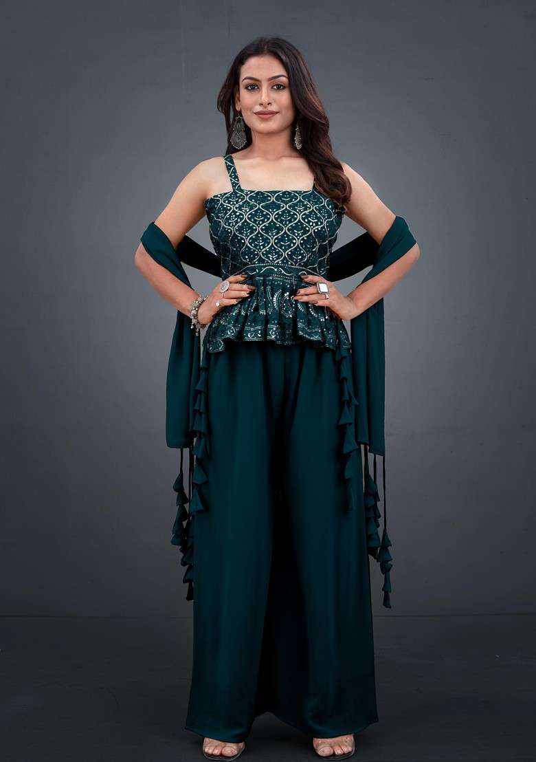 Teal Blue Printed Poly Blend Co Ord Set - Indya