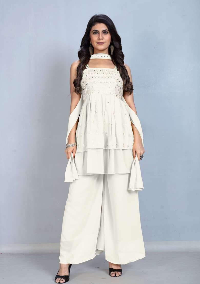 Cream Printed Poly Blend Co Ord Set - Indya