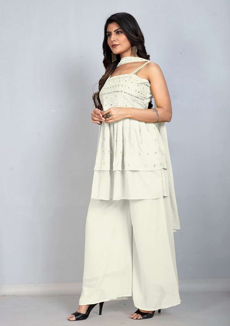 Cream Printed Poly Blend Co Ord Set - Indya