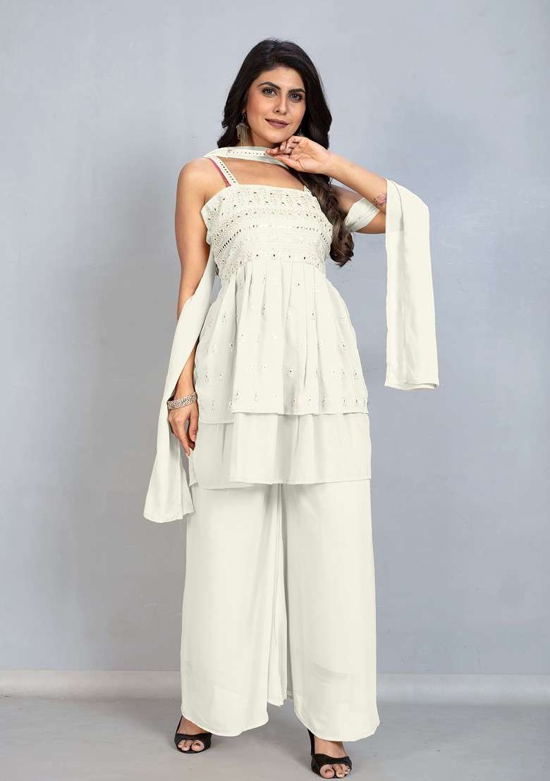 Cream Printed Poly Blend Co Ord Set - Indya