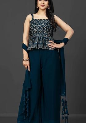 Teal Blue Printed Poly Blend Co Ord Set
