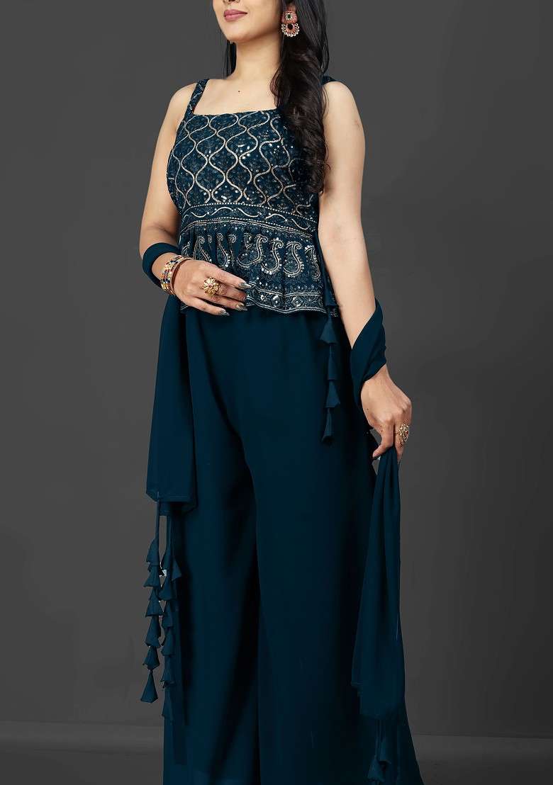 Teal Blue Printed Poly Blend Co Ord Set - Indya