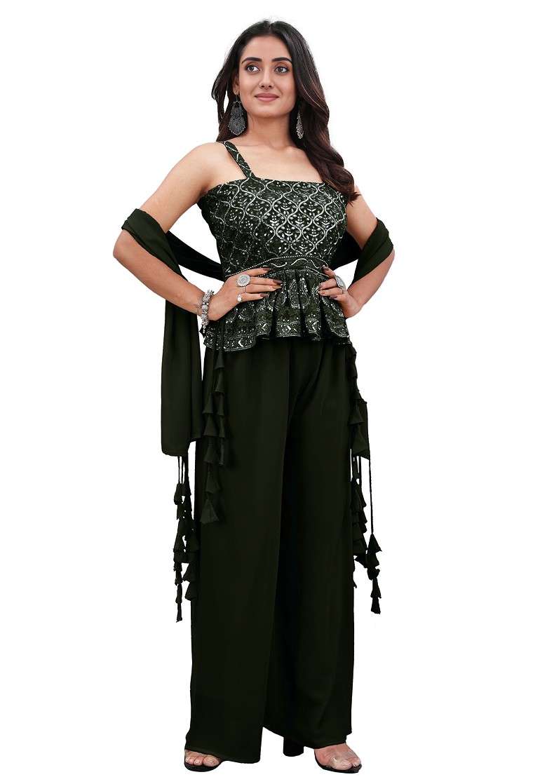 Olive Printed Poly Blend Co Ord Set - Indya