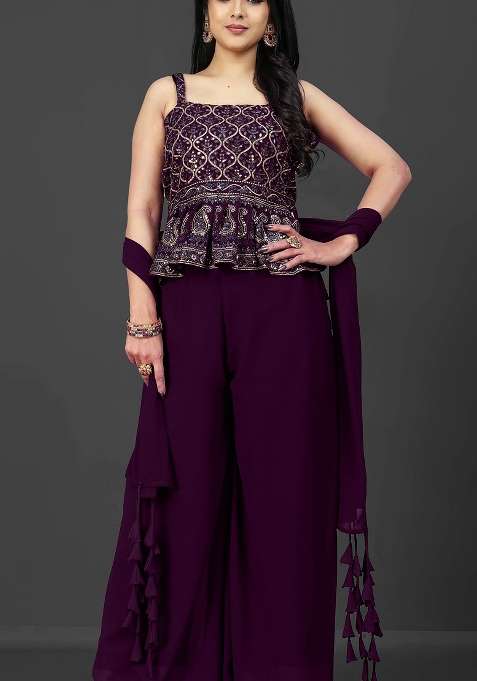 Maroon Printed Poly Blend Co Ord Set