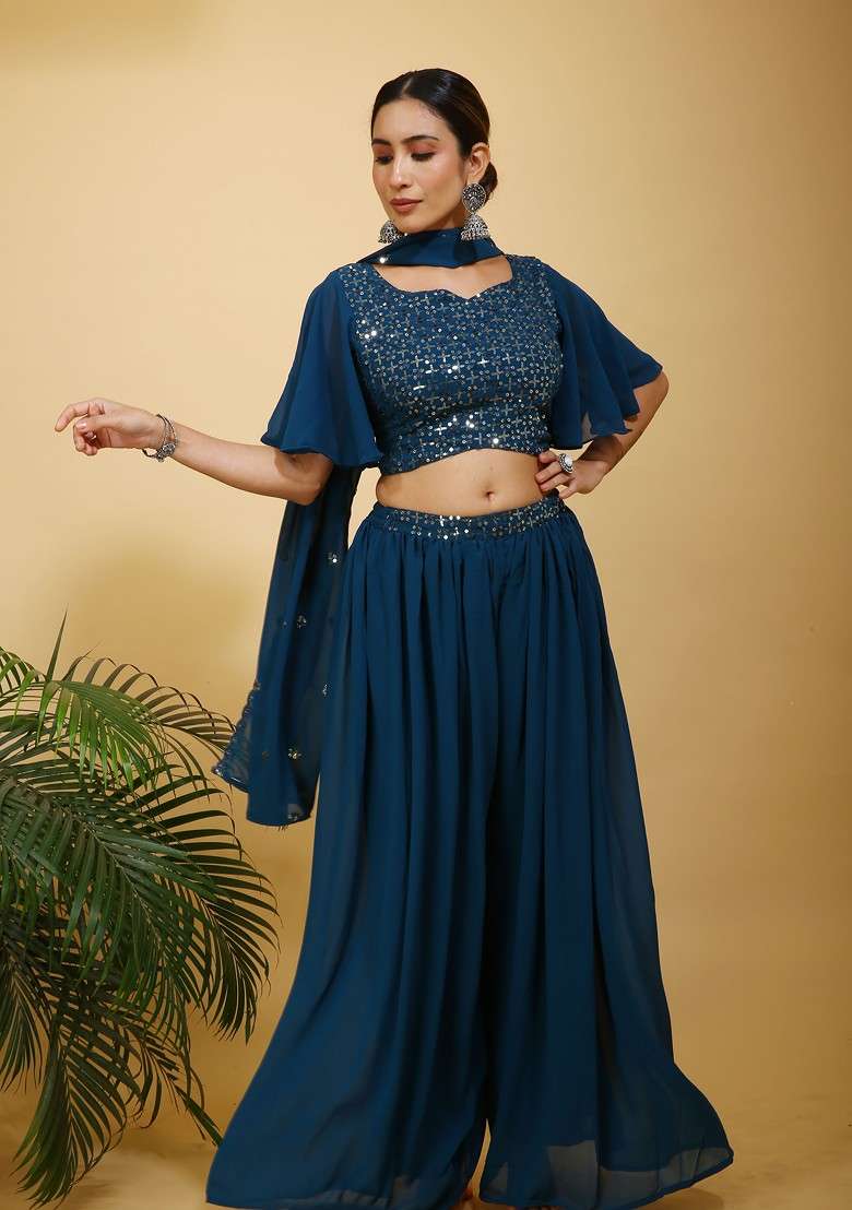 Teal Blue Printed Poly Blend Co Ord Set - Indya