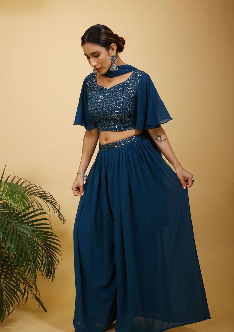 Teal Blue Printed Poly Blend Co Ord Set - Indya