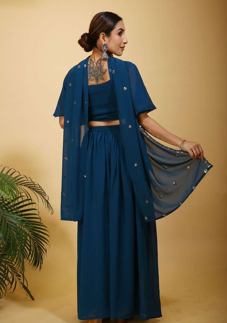 Teal Blue Printed Poly Blend Co Ord Set - Indya