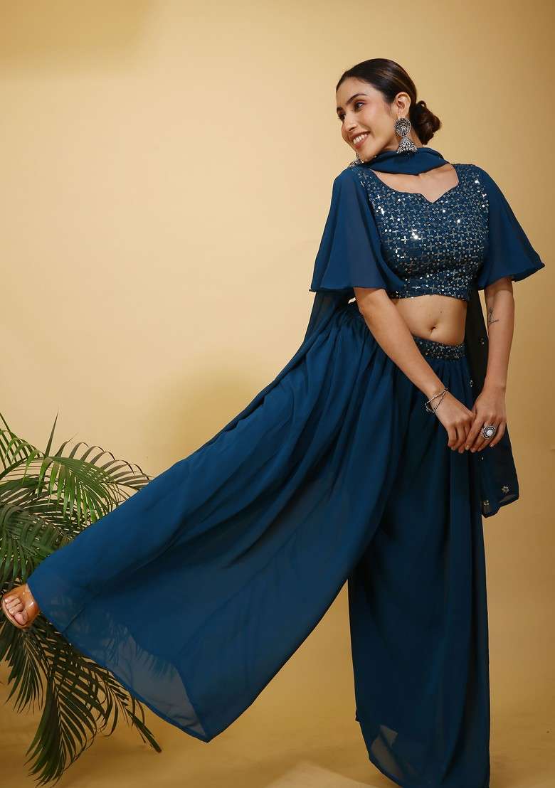 Teal Blue Printed Poly Blend Co Ord Set - Indya