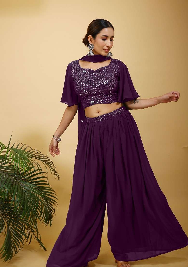 Purple Printed Poly Blend Co Ord Set - Indya