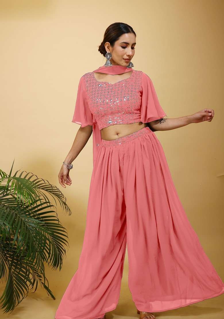 Peach Printed Poly Blend Co Ord Set - Indya